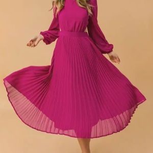 Flying Tomato Women's Modest Boho Midi Dress - Chiffon Pleated Long Sleeve With Self-Tie Belt